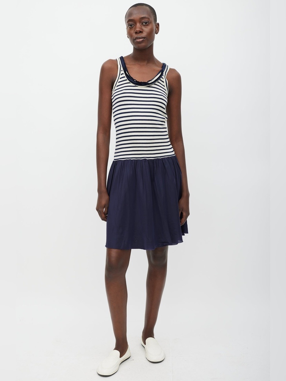 Sacai Luck Striped Fringe Dress Size 2 White Navy Blue